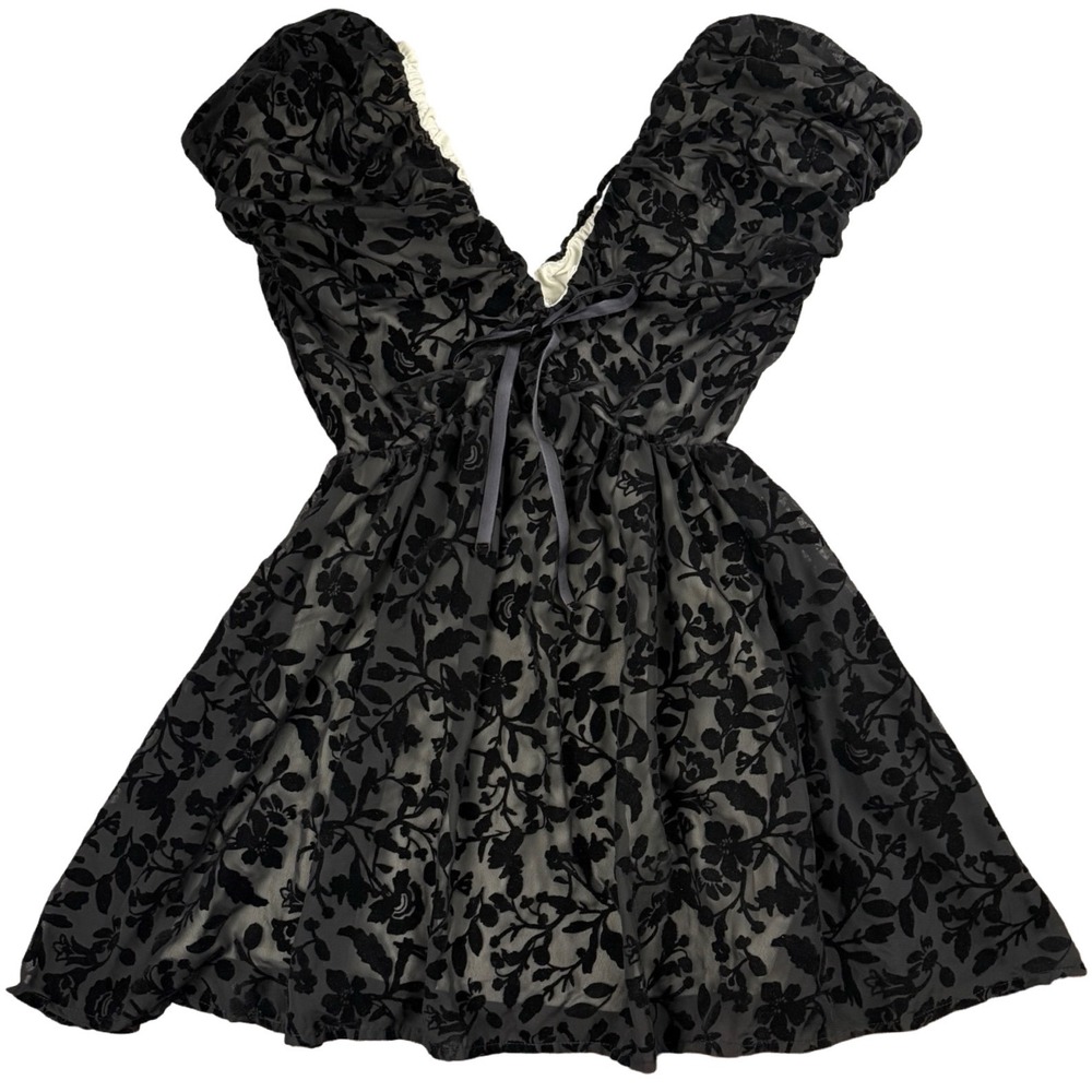 Blackโ Velvet Floral Babydoll Mini Dress Puff Sleeve Gothic Cottagecore S